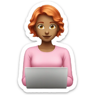 red head girl with short hait and pink longsleeve works at  laptop sticker