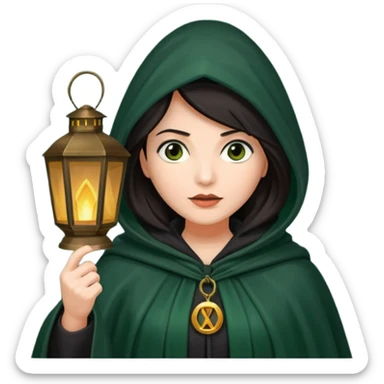 traitor tv show, dark haired woman wearing dark green cloak with hood up who looks very evil and is holding up a lantern sticker