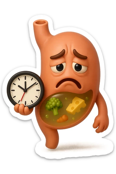 EMOJI STILE IPHONE 3D DI UNo stomaco umano con espressione dolornate, ha del cibo visibile dentro che non sta digerendo. in mano tiene un orologio da muro, iperrealistico 4k sticker