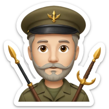 A man in military khaki beret with trident on cockarde with grey beard and brown eyes. sticker