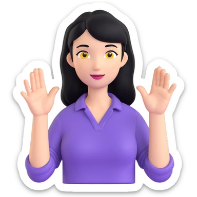woman with black hair, purple shirt, performing a welcoming hand gesture sticker