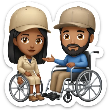 Beige skin man with a beard and cap in a wheelchair and a dark brown skin woman with long black hair in a wheelchair  sticker
