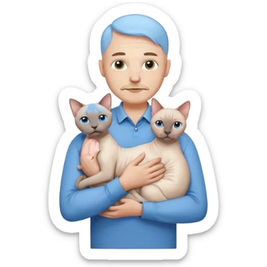 A couple a man and a woman. The man  is bald with a tiny beard and wearing a blue shirt, is holding a Siamese cat in his arms. The woman, who has light hair and is wearing a white dress, is holding a white Sphynx cat in her arms sticker