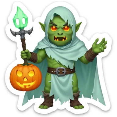 male orc warrior ghost emoji, green skin, tusks, wearing torn white ghost sheet costume, holding glowing jack-o'-lantern, faint blue aura, friendly but spooky expression, Halloween fantasy theme, Apple emoji style, clean white background, square sticker