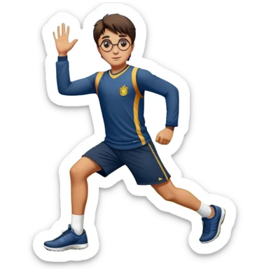 Harry Potter is in sports clothes doing morning exercises, he is in the field before his magic school sticker