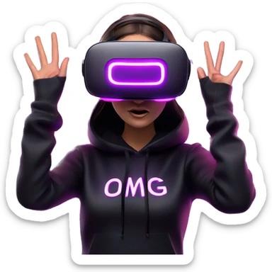 Russian girl wearing black hoody with violet letters "OMG", in vr headset oculus quest2. Dancing. Cyberpunk style. Violet neon. sticker