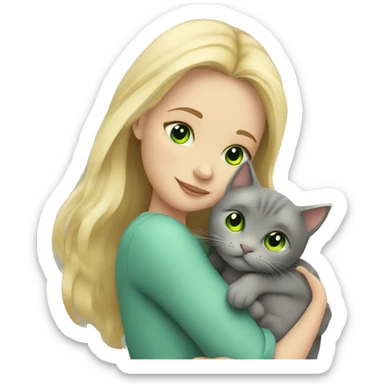 blonde girl with green eyes cuddling grey cat sticker