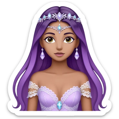 enchantress goddess wearing a embellished shimmering light powder white lace and swarovski lilac gown with tanned skin and super long straight dark brown hair sticker