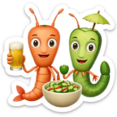Create a modern emoji-style illustration of two shrimp characters, friendly and cool, slightly cartoon but stylish, not childish.
They are toasting (‘salud’), one shrimp holding a beer mug with aguachile topping, the other holding a fresh aguachile bowl with cucumber and chili.
  sticker