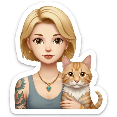 a white girl with Golden cropped short hair and tattoos and A white vesta tabby Maine coon cat sticker