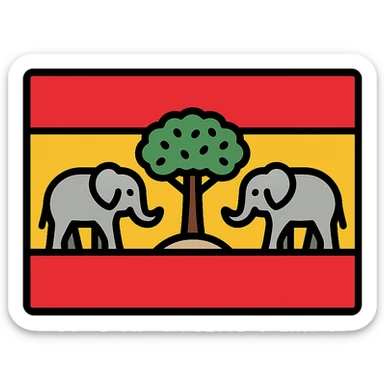 flag design with Spain's red and yellow colors, stylized syrissa tree in the center, elephant on each side, balanced emblematic composition sticker