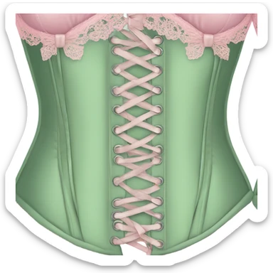 Sage green corset with pink lace and bows, isolated sticker