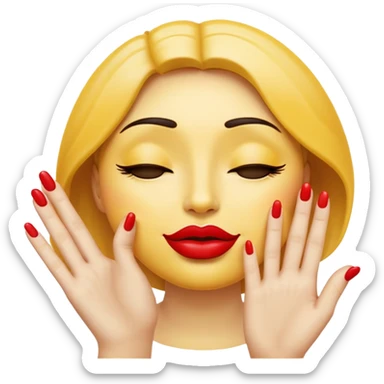 Standard yellow emoji face with closed eyes forming upward curved lines, visible eyelashes, pursed lips with red lipstick, and a hand showing only the thumb out with all other fingers closed against the palm, painted nails sticker