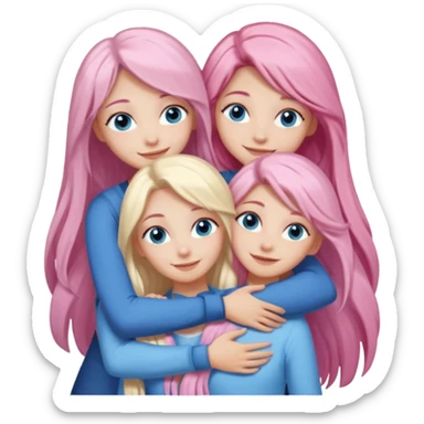 four white grips hugging and smiling    One girl with long light pink hair and blue eyes, one girl with blue eyes and light blonde hair, and 2 girls with brown eyes and long dark brown hair. sticker