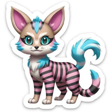 Black and pink-striped Colorful Skilled Adept Graceful Asian Painted WereGarurumon-Meloetta-Ursaring-Furret-fusion-hybrid-creature (full body) with cyan rings around eyes, tufted lynx ears sticker