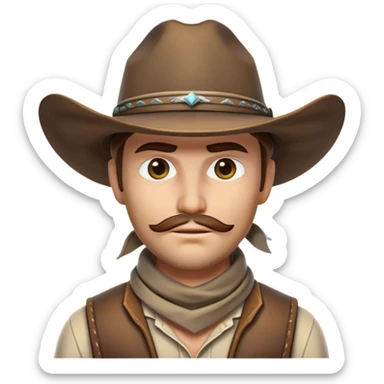 Clash of Clans aesthetic friendly Cowboy Portrait Emoji, With a rugged yet stylized build wearing a classic wide-brimmed hat and bandana, his face rendered in a natural skin tone (not yellow), determined eyes and a steely gaze, Simplified yet dynamic features, highly detailed, glowing with a warm, sunlit frontier radiance, high shine, brave and spirited, stylized with an air of Wild West heroism, focused and ready, soft glowing outline, capturing the essence of a fearless cowboy adventurer ready to ride into epic quests! sticker