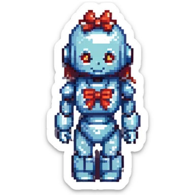 shoulders-up portrait of a cute female recruiter robot in 8-bit pixel art style, friendly face, one hand raised, hint of hair or bow sticker