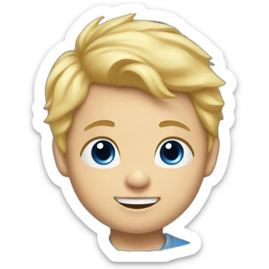 A baby boy with blonde hair, blue eyes and a blue t-shirt and with teeth sticker