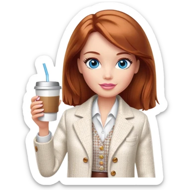 A Barbie girl with blue eyes, shoulder-length reddish-brown hair, made-up, wearing a white tweed jacket and a white skirt, with a glass of coffee in her hands sticker