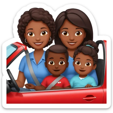 Dark Skin mom with two children, one young boy and a baby girl in a car red sticker