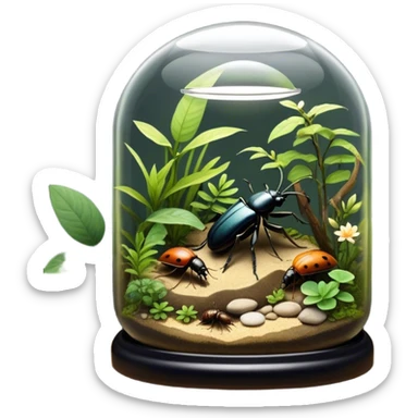 Close-up of home insects in a terrarium, showcasing beetles, praying mantises, and other exotic species in vivid detail, with natural textures of the terrarium. Soft lighting highlights their features. Transparent background. sticker