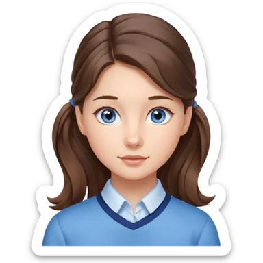 Realistic Student Portrait, with porcelain-like skin featuring a natural rosy flush, illuminated by soft lighting that highlights the gentle contours of her face. Her Brunette pony tail hair flows in soft, Her deep blue eyes radiate warmth and innocence,  wear light blue preppy style. sticker