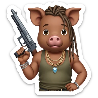 african-american race pig with dreads looking gangster with gun and tank top, with diamond blinging chain sticker