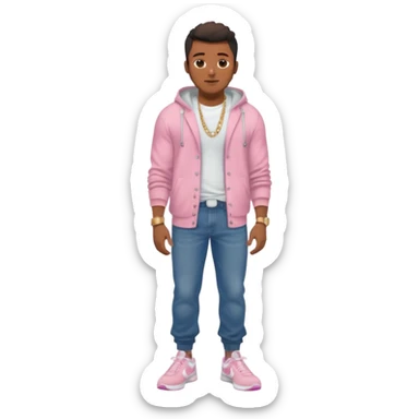 Handsome Black guy with brown skin tone, with muscular build, wearing baggy dark denim jeans, a white t-shirt, pink and gray fuzzy cardigan, white Nike sneakers, a gold watch, and a dainty chain sticker
