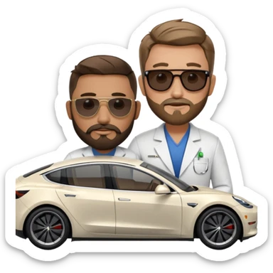 White tesla model 3 with a cool physician with dark blond hair, beard and dark sunglasses next to it sticker