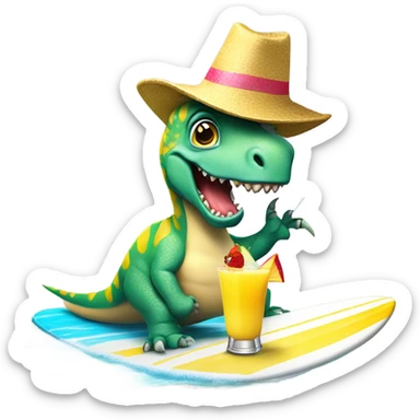 Dinosaur with a party hat on a surfboard drinking piña colada’s ￼ sticker