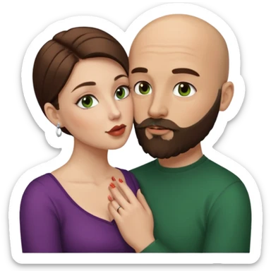 Man beard bald white dark green eyes, woman medium hair brown brown eyed latina kissing sticker