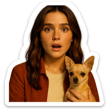 Portrait for Instagram profile picture inspired by the facial features visible in the reference images, with a tanned complexion, subtle freckles, wearing a shirt color #FFF8CA and a rust-colored jacket, medium-length brown hair with auburn highlights, surprised and amazed expression, holding a beige-brown chihuahua, in the style of a Netflix series, intimate Tenerife ambiance, transparent background. sticker