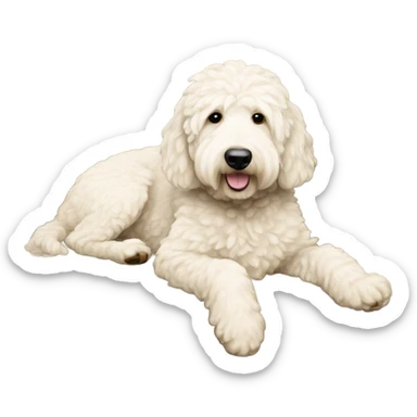White cream golden doodle laying on a gray couch sticker