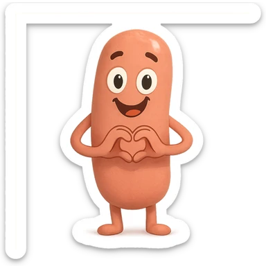 a smiling sausage-shaped humanoid with a pinkish-orange body, simple arms and legs, big eyes, and a happy smile, forming a heart with its hands sticker