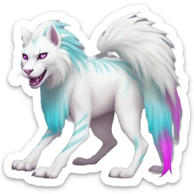 White elegant beautiful natural cute badass epic anthro modern albino Trico-vernid-Fakémon with cyan mane and magenta eyes with cyan edgy stripes, anthropomorphic, two-legged, digitigrade, full body sticker