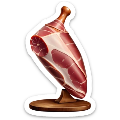 _cinematic-realistic-spanish-ham-leg,-depicted-as-a-massive,-cured-leg-of-jamón-serrano-(ham)-with-a-deep-reddish-brown-hue on the outside,-intricately-marbled-and-slightly-glossy-with-age,-elegantly-displayed-on-a-rustic-wooden-stand-and-bathed-in-warm sticker