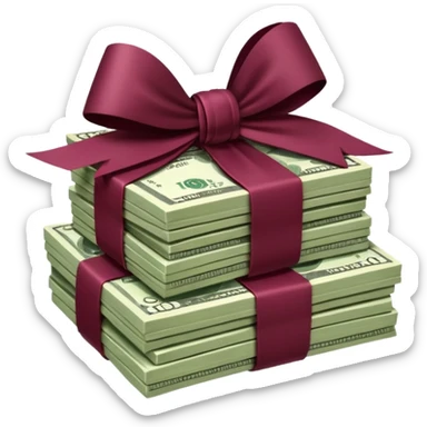 stack of flying money wrapped ina burgundy bow sticker