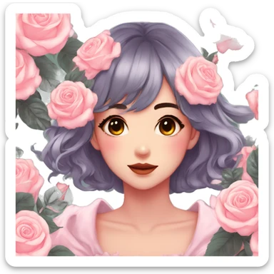 Gorgeous shiny pastel anime style lady with blushing face and roses leaves shiny aesthetic trending style sticker