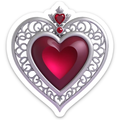 3D emoji gothic heart, black velvet texture, silver filigree details, deep red gemstone center, ornate and dramatic style sticker