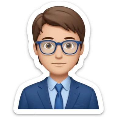 young white man with brown hair, wearing blue-framed glasses and a business suit, inspires trust and respect sticker