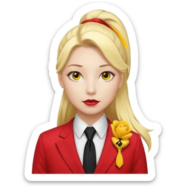 Woman with porcelain white skin, thick blonde hair that's in a thick, long ponytail, has a black nose, yellow scleras, red pupils, and a red suit with a black tie. sticker