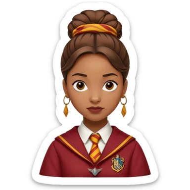 Angelina Johnson in harry potter, wear hogwarts gryfindor uniform,  thick, brown knot bun hair , reflecting her bold, stylish, and strong personality sticker