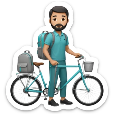 a man with a grey backpack and a torquoise byciycl and he has black shot=rt man hair and a beard with a polo grey shirt and dress pants sticker