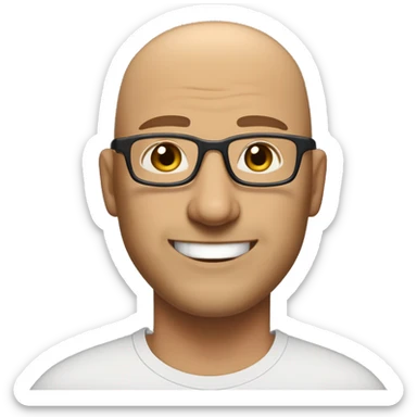 Bald middle age man with rectangle glasses, a wide nose, very light stubble, and smiling. Have him wear a dark t shirt, blue jeans, and tan work boots. don't make him fat but give him a wider, manlier frame sticker