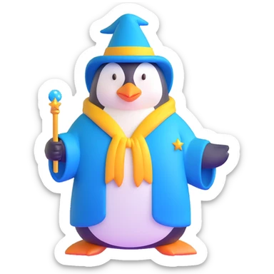 penguin wizard with a blue robe and sparkly wand sticker