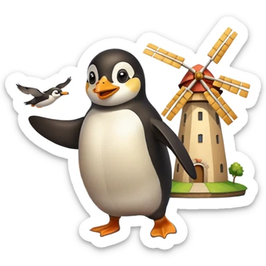 happy penguin flying with a hamburger, Dutch countryside with canals and windmills below sticker