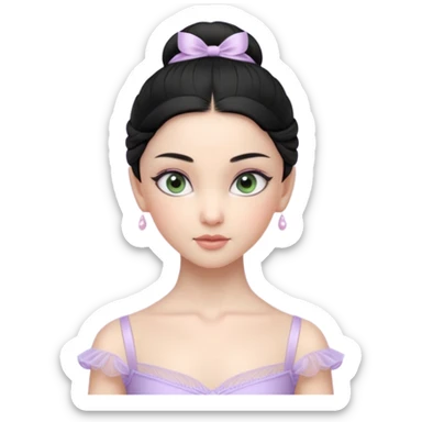 Cinematic Realistic ballerina Light Purple Portrait, depicted with lifelike skin texture, subtle rosy undertones, and soft natural lighting that enhances the gentle contours of her face. Her intricately detailed sweet black hair is elegantly styled, green eyes sticker