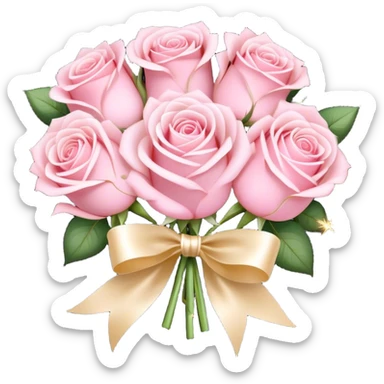 Romantic bouquet of pastel pink roses tied with an ivory satin ribbon, delicate golden sparkles. sticker