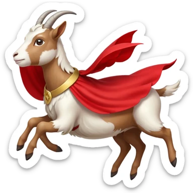side view of white female goat wearing a read cape like superman sticker