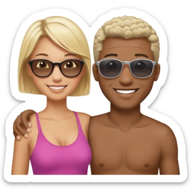 Black man with short salt n pepper hair with younger blonde  both smiling on beach   sticker